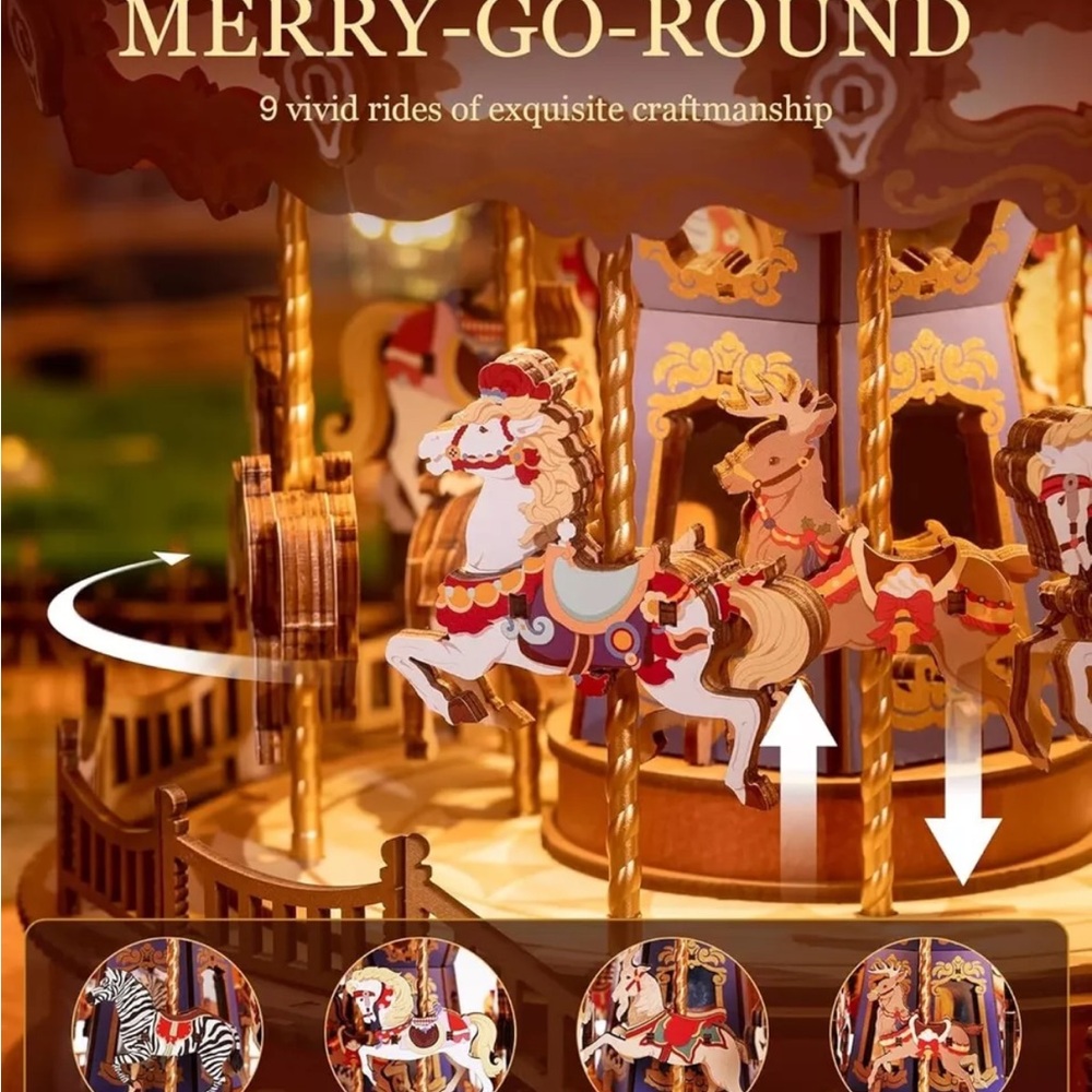 Rolife Wooden 3D Puzzles Carousel Music Box Building Toys DIY with Lights Gifts